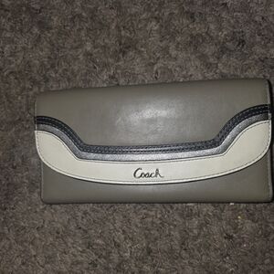 Coach Leather Continental Wallet in Olive with Cream and Black Trim